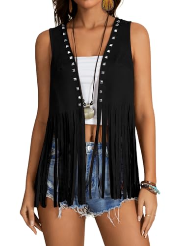 Verdusa Women's Fringe Rivets Sleeveless Vest Cardigan Casual Tassel Outerwear