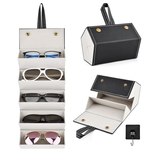 Image of Travel Sunglasses Organizer for Women Men, 5 Slots Foldable Travel Sunglass Case With Hook, Multiple Eyeglasses Holder Glasses Storage Box for Home Display(Black)