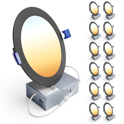 Ensenior 12 Pack 6 Inch LED Recessed Ceiling Light Black Dimmable 2700K-5000K 5CCT 1200LM 12W 120V High Brightness Canless Wafer Downlight - ETL&FCC&IC