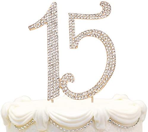 Hatcher lee Bling Crystal Quinceañera Happy 15 Birthday Cake Topper - Best Keepsake | 15th Party Decorations Gold