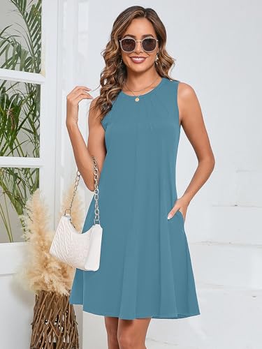 Image of KORSIS Tank Dress for Women Elegant T-Shirt Summer Soft Dresses Sleeveless Swing A Line Vacation Beach Sundress with Pockets