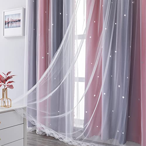 Image of XiDi Curtains for Bedroom Decor, Rainbow Pink-Grey-34-45