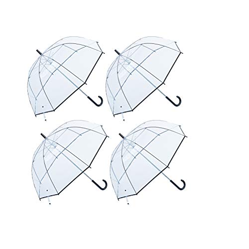 Calli Factory Clear Lightwight Umbrella for Women, Kids - Automatic Open, Transparent Dome Fashion Umbrellas with Easy Grip Strap, Iridescent Pack of 4 (Black)