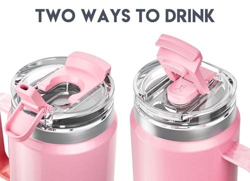 Image of Meoky 32 oz Tumbler with Handle, Insulated Tumbler with Lid and Straw, Stainless Steel Travel Mug, 100% Leak Proof, Keeps Cold for 24 Hours or Hot for 8 Hours, Fits in Car Cup Holder (Flamingo)