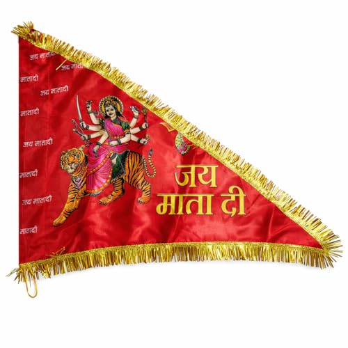 Jai Mata Di Religious Flag(Cloth), Red Satin Cloth with Goddess Durga Design, Golden Fringe Border, 75x58 cm, Home Temple Decoration (mata rani)