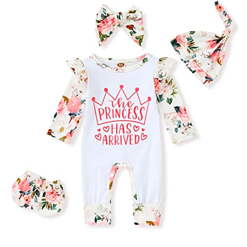 Image of GRNSHTS Newborn Baby Girl Romper Infant Letter Print Bodysuit Jumpsuit+Hat+Headband+Gloves Coming Home Clothes Outfit 1-3 Months Pink
