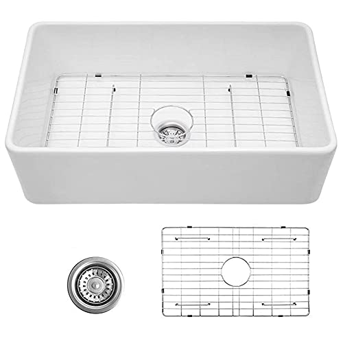 Celaeno 33 Inch White Farmhouse Sink, Single Bowl Ceramic Apron-Front Kitchen Sink, Porcelain Farm Sink With Strainer & Protective Bottom Grid #TOP1