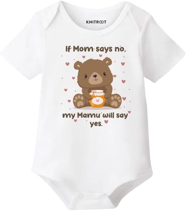 KNITROOT Mom Mamu Family Special Onesies, Unisex Baby Kids Cotton Lycra Envelope Neck Half Sleeve White Romper, Bodysuit, Sleepsuit, Mom Say No Mamu Say Yes, 3-6 Months, Infant Cloths for Boys & Girls