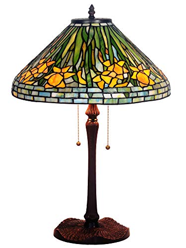 HT Tiffany Style Decor Table Lamp 16 Inch Wide Yellow Daffodil Design Stained Glass Shade 2-Light Zinc Alloy Antique Base Handmade Lighting for Dining Room Living Room Bedroom Study Nightstand Dresser