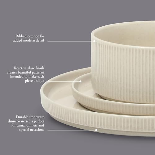 Image of Gibson Elite Solana Coast 12 Piece Stoneware Reactive Glaze (Service for 4) Ceramic Plates and Bowls Modern Shape Embossed Dinnerware Set - Cream White