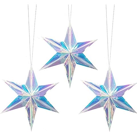 Iridescent 6 Point Star Hanging Ornament, Clear Foil Folding Decorations, Rainbow Shine Party Decor for Bridal Shower Wedding Birthday Frozen Unicorn Theme Party Cover