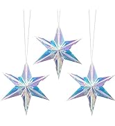 Iridescent 6 Point Star Hanging Ornament, Clear Foil Folding Decorations, Rainbow Shine Party Dec...
