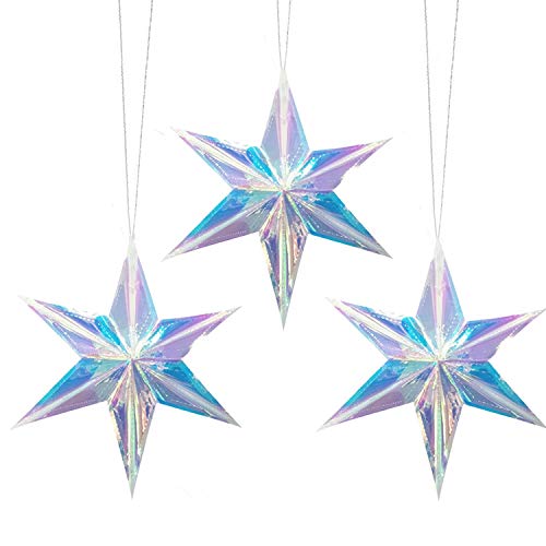 Iridescent 6 Point Star Hanging Ornament, Clear Foil Folding Decorations, Rainbow Shine Party Decor for Bridal Shower Wedding Birthday Frozen Unicorn Theme Party