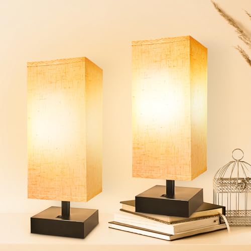 Image of DEGNJU Small Bedside Lamp, Mini Minimalist Table Lamp with Square Flaxen Fabric Shade, 11 Inch Desk Reading Lamp for Bedroom, Living Room, Office, 2 Pack
