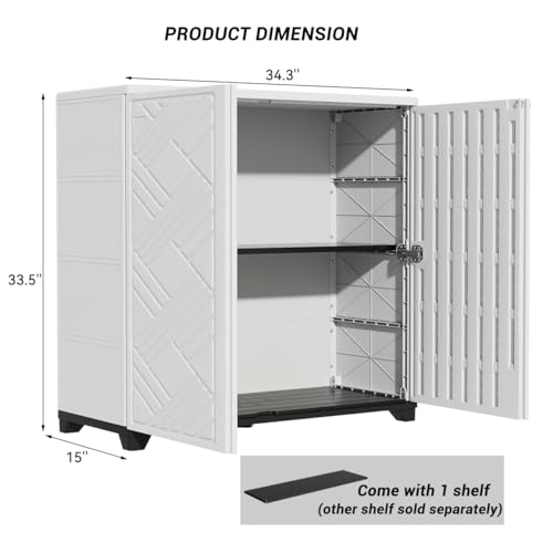 Image of KINYING Outdoor Storage Cabinet Waterproof, 60 Gallon Resin Outdoor Storage Shed for Patio /Garden /Backyard, Outdoor Storage Box for Cushions,Garden Tools and Pool Supplies(White with 1 Shelving)