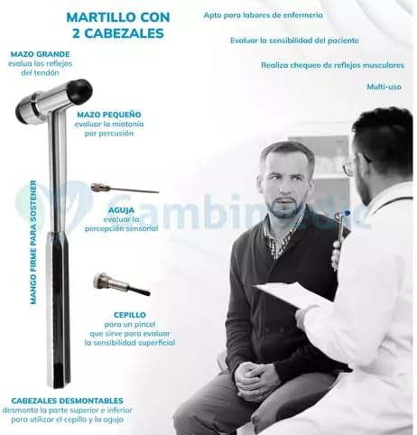 Gambimedic Reflex Hammer components and their functions: large mallet for tendon reflexes, small mallet for myotonia, needle for sensory perception, brush for superficial sensitivity.