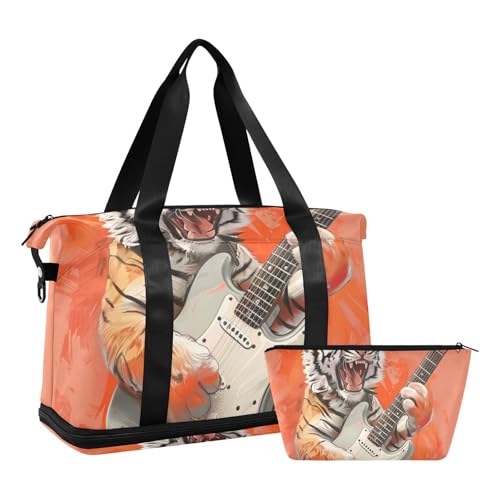 ALAZA Sports Duffel Bags with Toiletry Bag Set,Electric Guitar Tiger Travel Duffel Bags Multi Pockets Weekend Bag2