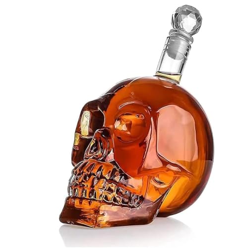 CUEMOON Carafe à whisky avec bouchon en verre hermétique - Design tête de mort - Pour bar, fête, rhum, bourbon, vodka, tequila - 1000 ml