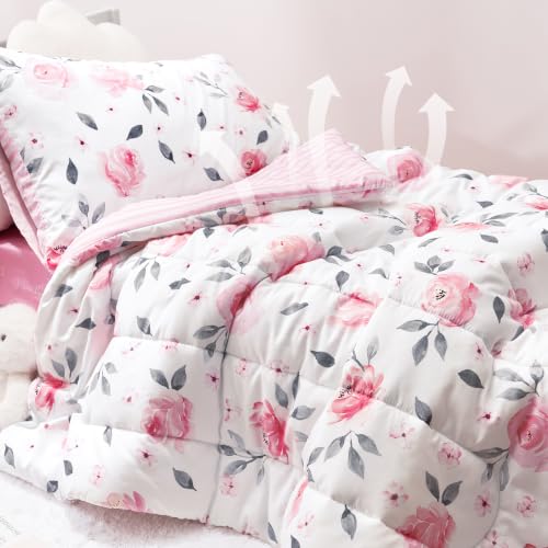 Image of PHF 4 Piece Toddler Bedding Set, Ultra Soft Toddler Comforter Sets Include Comforter, Fitted Sheet, Flat Top Sheet and Pillowcase for Girls, Floral Bed in A Bag for Baby Bedroom, Floral