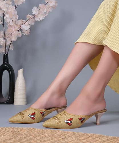 Image of JM LOOKS Pointed Toe Kitten Heel Mules Featuring Exquisite Bee Embroidery and Shimmering Textured Fabric Finish