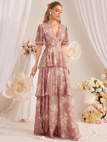 Image of TOLEEN Summer Casual Dresses for Women 2024 Spring Fashion Boho V Neck Long Sleeve Ruffle Floral Print Elegant Maxi Dress