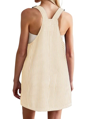 Image of Yousify Womens Casual Denim Dress Summer Striped Overalls Romper Adjustable Straps Sleeveless Jean Dresses with Pockets