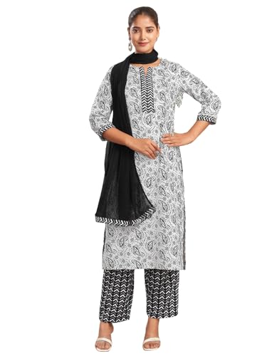 Sanisa Women's Rayon Blend Printed Straight Kurta With Pant And Dupatta Set (210Kbd2223N-M_White & Black & Grey)