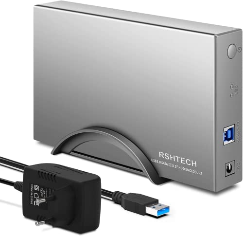 USB 3.0 Externe Festplattengehäuse 2,5'' & 3,5'', RSHTECH Aluminium USB 3.0 SATA Festplatte Gehäuse für SSD & HDD mit 12V 2A Netzteil, unterstützt UASP, Automatische Schlaffunktion, Werkzeuglose