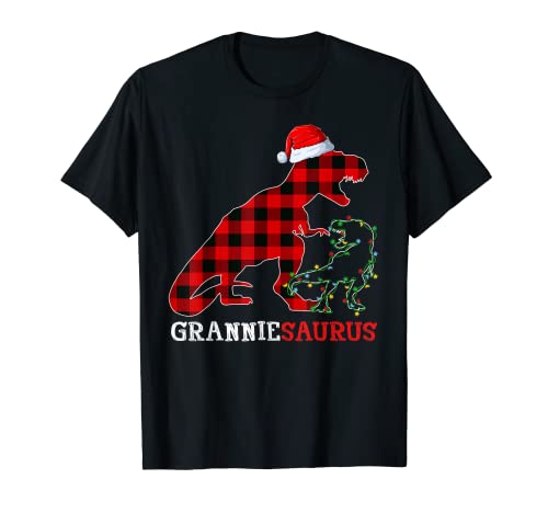 Sombrero rojo de Papá Noel con diseño de dinosaurio y niño de Navidad Camiseta