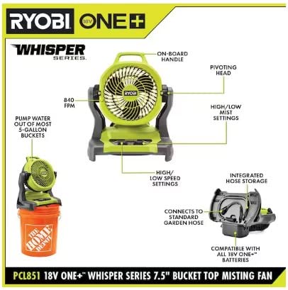 Ryobi One+ 18V Cordless 7-1/2 In. Bucket Top Misting Fan Kit With 1.5 Ah Battery And Charger #TOP28