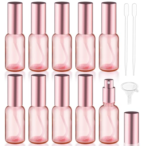 BOSMIOW 10Pcs 30ml/1oz Pink Glass Mist Spray Bottle with Rose Gold Pump Head,Refillable Perfume Atomizer Sprayer,Travel Sample Bottle for Cosmetic Liquid,Alcohol,Air Fresheners,2 Pipettes,1 Funnel