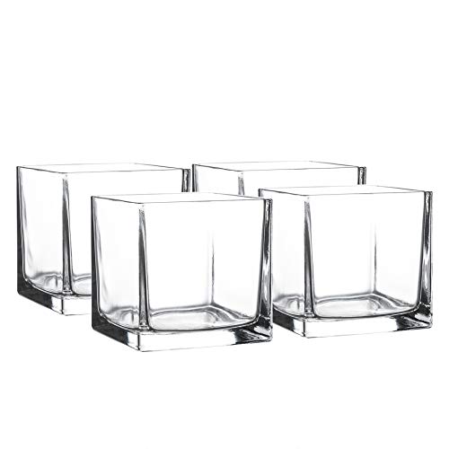 Whole Housewares 5" Square Glass Vase, Candle Holder, 4 Pack Clear Cube Centerpiece