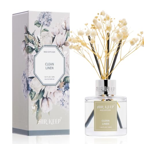 Image of Airkeep Reed Diffuser Set,1.69 fl oz (50 ml) - Clean Linen Oil Diffusers with 8 Reed Sticks,Home Fragrance Reed Diffuser for Bathroom Shelf Decor