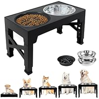 Erhöhte Hundenäpfe 5 Höhen verstellbar (8cm,22cm,25cm,28cm,31cm), mit 2 Edelstahlschüsseln und 1 Slow Feeder-Schüssel für kleine, mittelgroße und große Hunde, Rutschfester Hundenapf, BPA frei Plastik