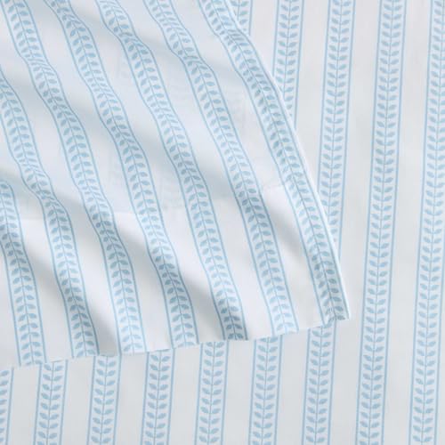 Image of Martha Stewart - King Size Sheet Set, Crisp & Tailored Sheets with a Smooth Cotton Percale Feel - Striped Bed Sheets with Matching Pillowcases & Fitted Sheet (Leaf Stripe Blue)
