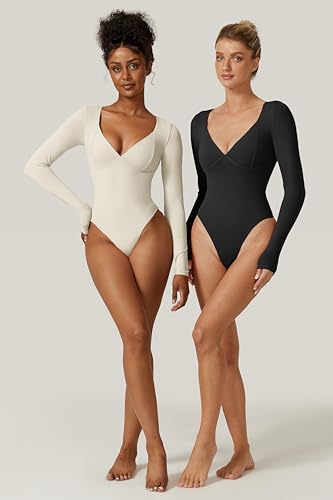 Image of QINSEN Women's Long Sleeve Bodysuit V Neck Body Suits Seamed Cup Going Out Tops Shirt