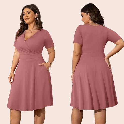 Image of POSESHE Womens Plus Size Dresses Summer Short Sleeve Wrap V-Neck Sundress Casual Wedding Guest Cocktail Dress with Pockets