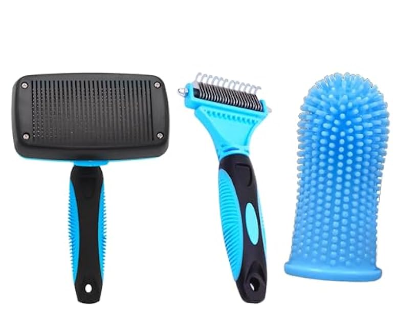 3-in 1 Dog & Cat Grooming Supplies- Self-cleaning Slicker Brush, Deshedding Rake Comb, And Finger Toothbrush For Dogs & Cats | Perfect For Pet Grooming Kit, Dematting And Dental Tool (blue)-VnzyuRD1