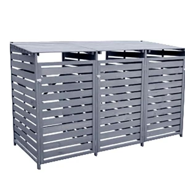 Meuble de rangement à 3 compartiments en bois pour poubelle à roulettes, 3 bacs de 240 L, bois traité gris, triple poubelle, avec chaînes de levage et portes verrouillables, écran de