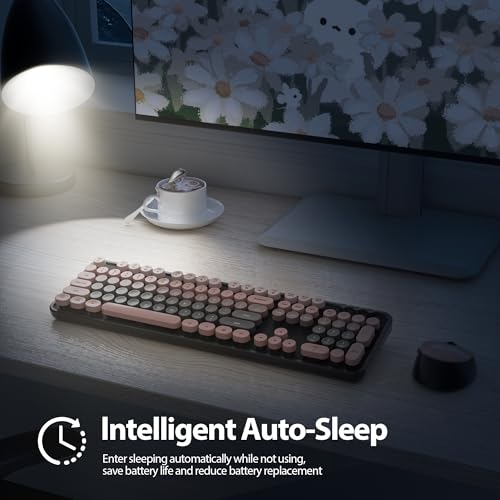 Image of Fogruaden Pink Keyboard and Mouse Wireless, Retro Typewriter Keyboard, 2.4GHz 104 Keys Full Size Cute Keyboard with Number Pad, Gradient Colorful Round Keycaps for Windows PC Desktops Laptop