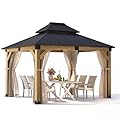 COSIEST 10x12FT Cedar Wood Gazebo, Outdoor Hardtop Gazebo with 2-Tier Galvanized Steel Roof, Netting & Curtains, Wooden Gazebo Pavilion for Patio Backyard Deck Lawn