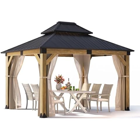 COSIEST 10x12FT Cedar Wood Gazebo, Outdoor Hardtop Gazebo with 2-Tier Galvanized Steel Roof, Netting & Curtains, Wooden Gazebo Pavilion for Patio Backyard Deck Lawn Cover