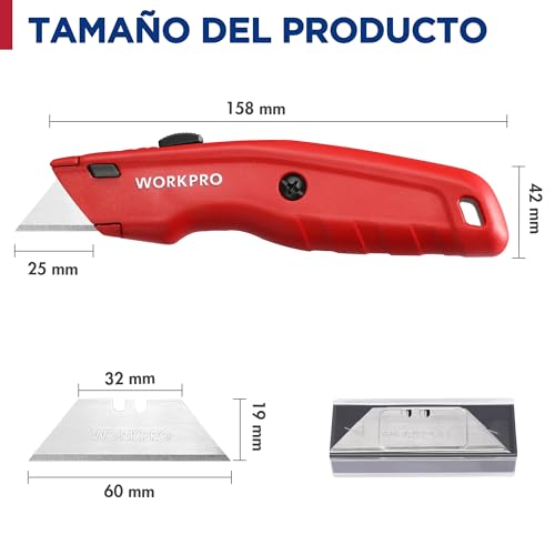 Miniatura 2 de Workpro Cutter Profesional, Cúter Universal, Cortador Profesional Con Mango De Aluminio Antideslizante, Cuchillo Con 10 Cuchillas Adicionales, Rojo