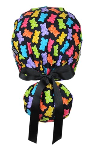 Image of Scrub Cap for Women and Men, Ponytail Scrub Caps, Working Hat, Head Cover with Ribbon Ties and Buttons, Long Hair