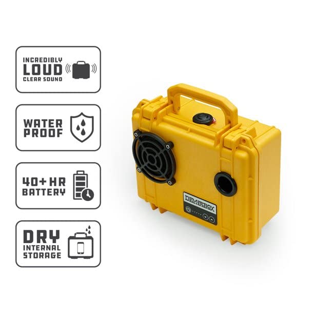 DemerBox: Waterproof, Portable, and Rugged Outdoor Bluetooth Speakers. Loud Sound + Deep Bass, 40+ hr Battery Life, Dry Box + USB Charging, Multi-Pairing Party Mode (Paniman Yellow, DB1)
