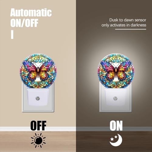 Image of Round LED Night Lights Lamp with Dusk to Dawn Sensor, Stained Glass Art of Colorful Butterfly Mandala Night Light Plug Into Wall for Kids Room, Bedroom, Bathroom, Kitchen, Hallway