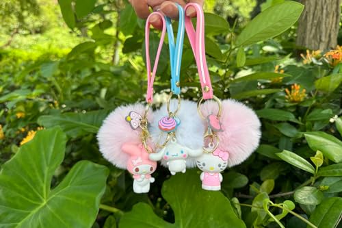 Cute Keychains for Girls, Kawaii Pom Pom Fuzzy Key Chain Accessories Wristlet Cartoon Keychain3
