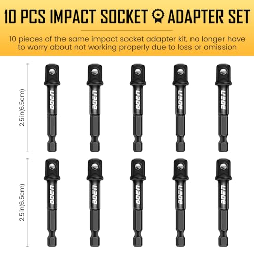 Image of BOEN 10-Piece 3 /8 inch Drive Impact Grade Socket Adapter Set, 1 /4-Inch SAE Hex Shank Drill Bit Adapter for Power Drill to High Torque Impact Wrench