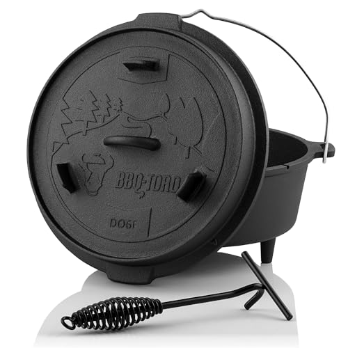 BBQ-Toro Dutch Oven Forest Serie | bereits eingebrannt - preseasoned | Verschiedene Größen | Gusseisen Kochtopf | Bräter mit Deckel (Topf mit Füße, 7,3 Liter (DO6F))