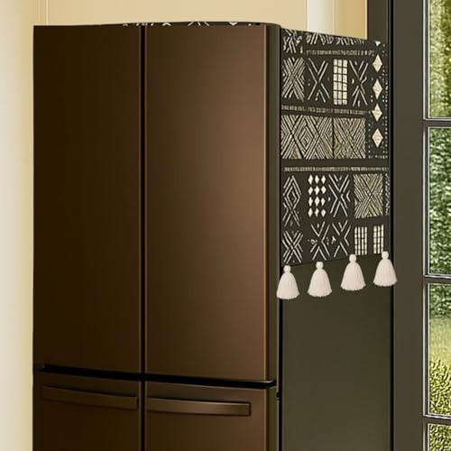 Image of Four Door Fridge Cover >400L | 450 GSM Durable Fridge Top Cover with Tassels & Pockets | Fits Godrej, LG, Haier, Samsung Models | Dustproof Refrigerator Cover in Mud Cloth | WWW.THROWPILLOW.IN